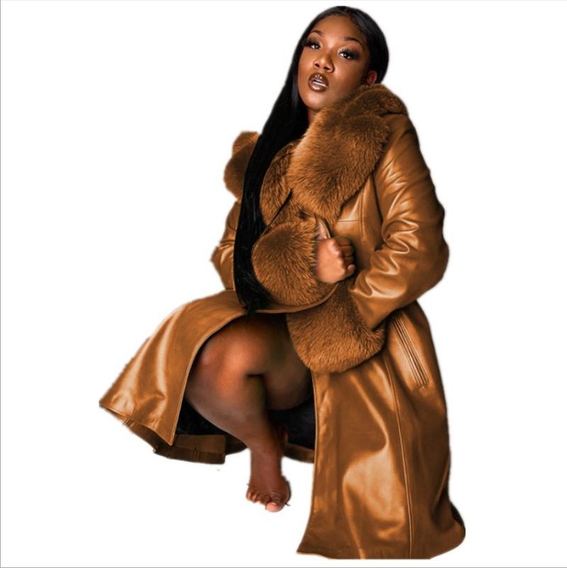 Jackets Women's Women's Keep Warm PU Patchwork Midi Coats 2022 Winter Women Plus Size Fashion Fur Collar Long Sleeve OL Style