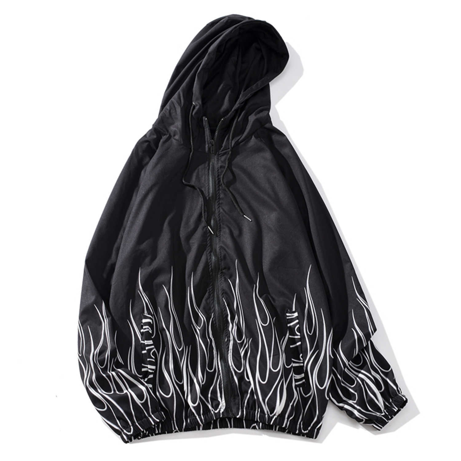 Hooded Jacket Coat Zipper Hoodies Windbreaker Coat Flame Print Harajuku Streetwear Oversized Men Coats Casual Outwear Autumn 210818