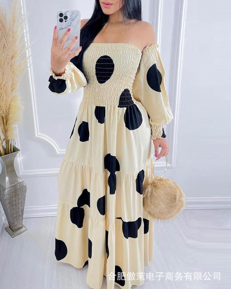Casual Dresses Women Off Shoulder Polkadot Backless Print Shirring Detail Fit And Flare Maxi Dress