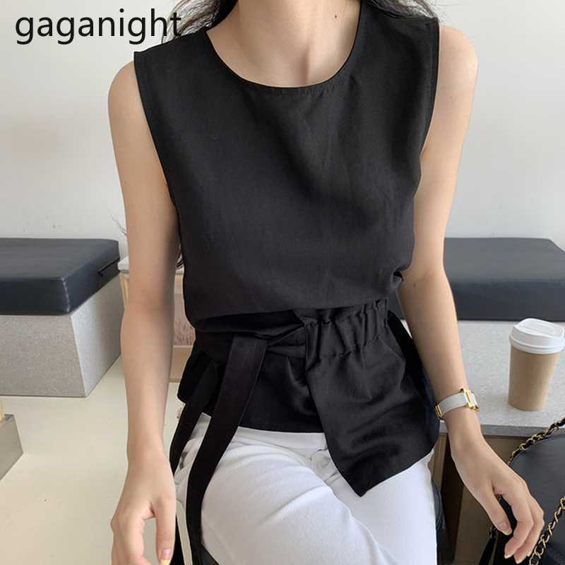 Fashion Solid Woman Blouse Summer Sleeveless Shirt Women Bandage Bow Waist O-neck Blouses Casual Elegant Blusas 210601