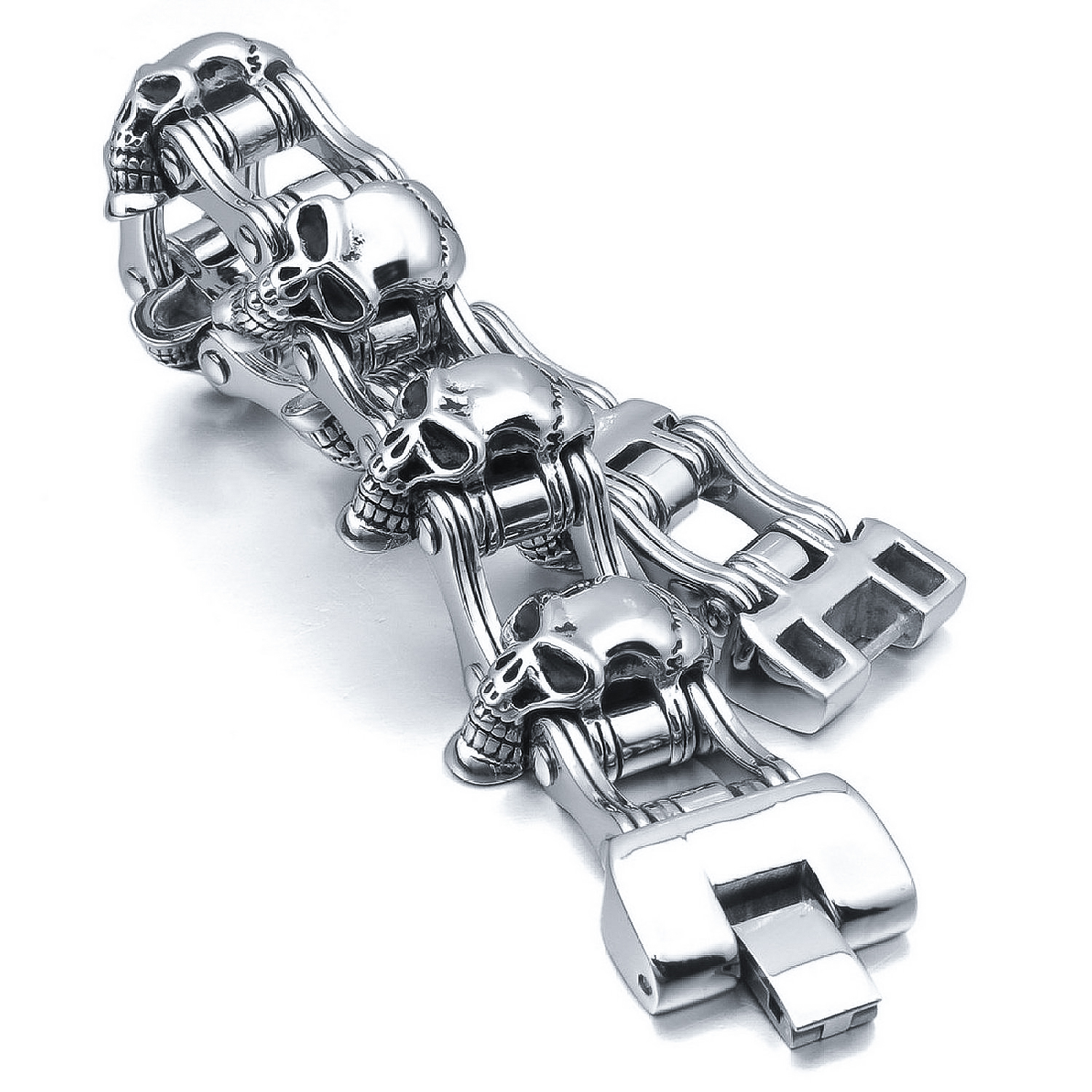 Heavy Large Men's Stainless Steel Bicycle Chain Skull Bracelet Biker Polished Punk Rock Link Wristband 22mm Wide with Velvet Bag