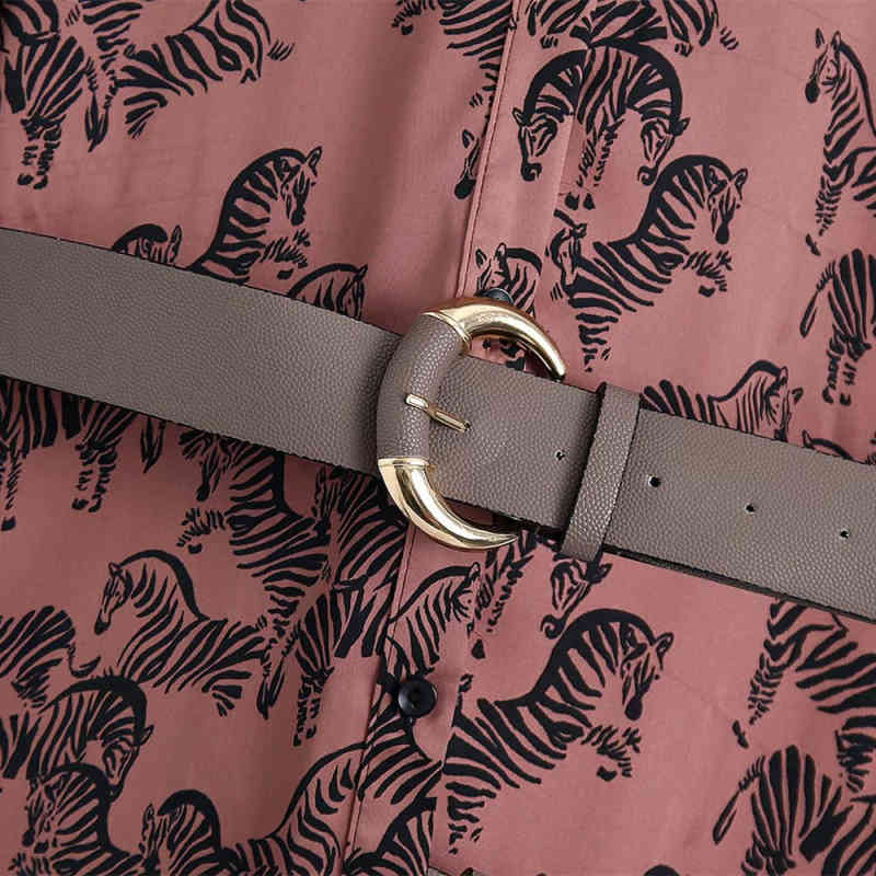 Casual Woman Loose Zebra Print Satin Belt Shirt Long Dress Spring Fashion Ladies Soft Dresses Female Elegant 210515