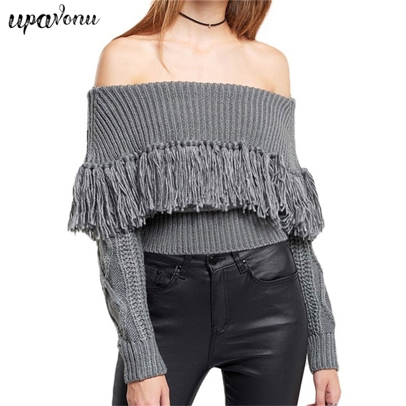 Free Fashion Fringed Sweater Women Strapless Long Sleeve Skinny Solid Color Club Party Sexy Halter Top 210524