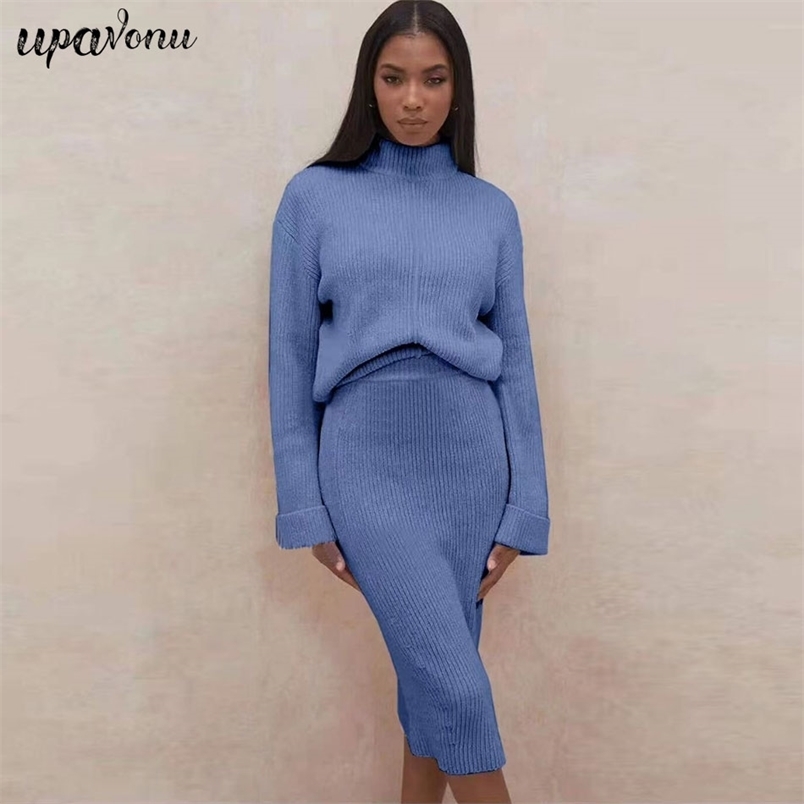 Free Women's Knitted Set Fashion High Neck Long Sleeve Pullover & Waist Tight Skirt 2-piece casual suit 210524