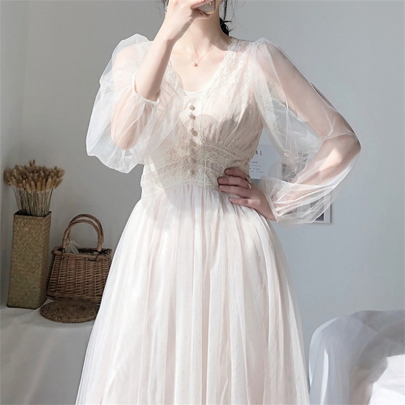 Spring Elegant Lace V-Neck Long Puff Sleeve Dress Vintage High Waist Mesh Sweet Boho Robe 210519, White
Spring Elegant Lace V-Neck Long Puff Sleeve Dress Vintage High Waist Mesh Sweet Boho Robe 210519, White