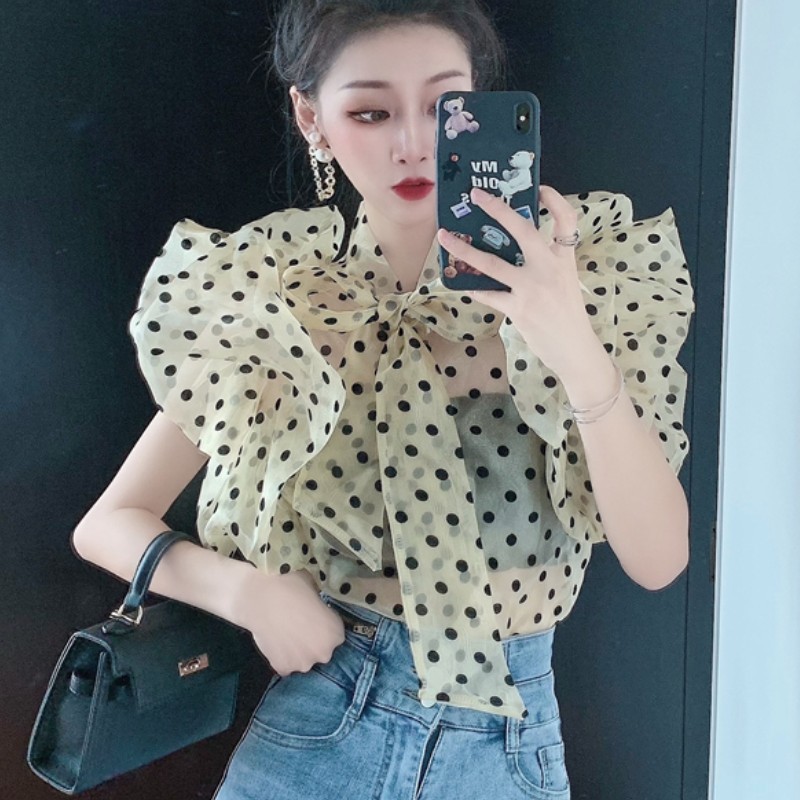 Elegant Sweet Bow Tie Butterfly Sleeve Polka Dot Chiffon Casual Slim Shirt Fashion perspective Sexy Top 210518