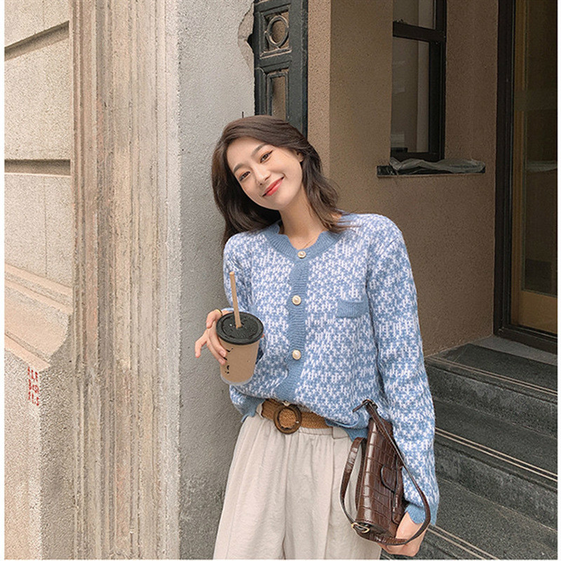 Nomikuma Women Sweater Cardigan Autumn Contrast Color Korean Elegant Knitted Coat New Long Sleeve O-neck Knitwear 6C729 210427