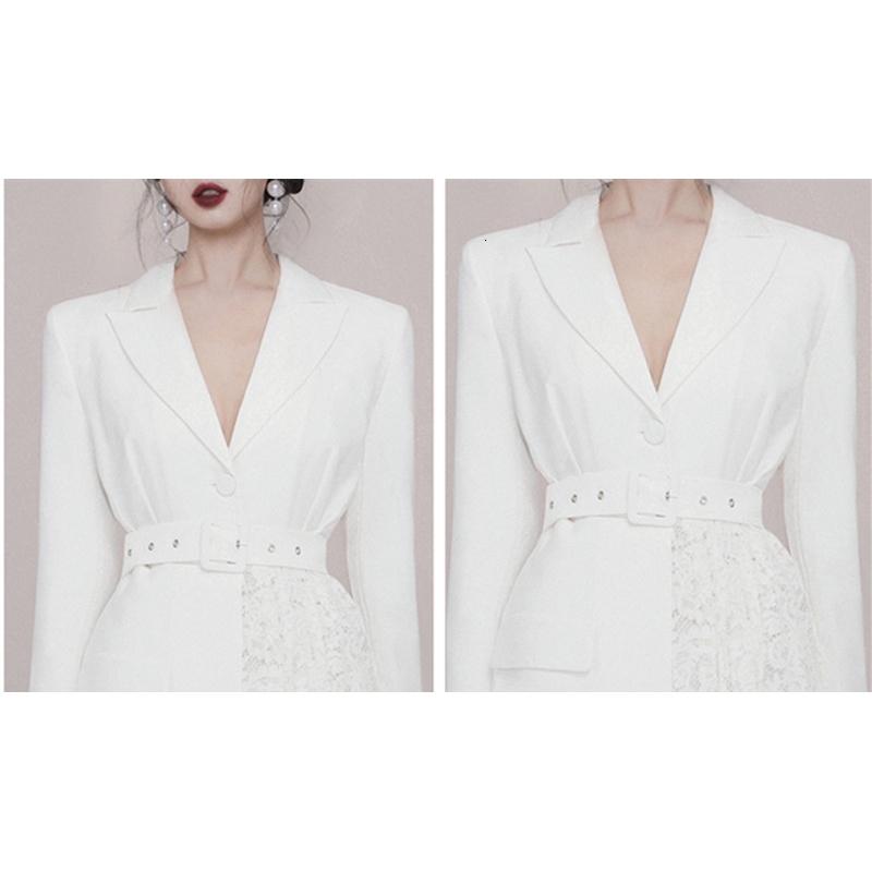 Autumn Notched White Cloth Lace Patchwork Long Sleeved Single Breasted Office Lady Dress Casual OL Vestidos 210515