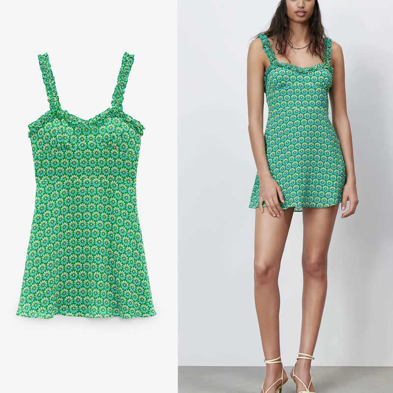 Za Green Floral Print Mini Summer Dress Women Sleeveless Straps Ruffle Party Dresses Woman Chic Lining Vintage Dresses 210602
Za Green Floral Print Mini Summer Dress Women Sleeveless Straps Ruffle Party Dresses Woman Chic Lining Vintage Dresses 210602