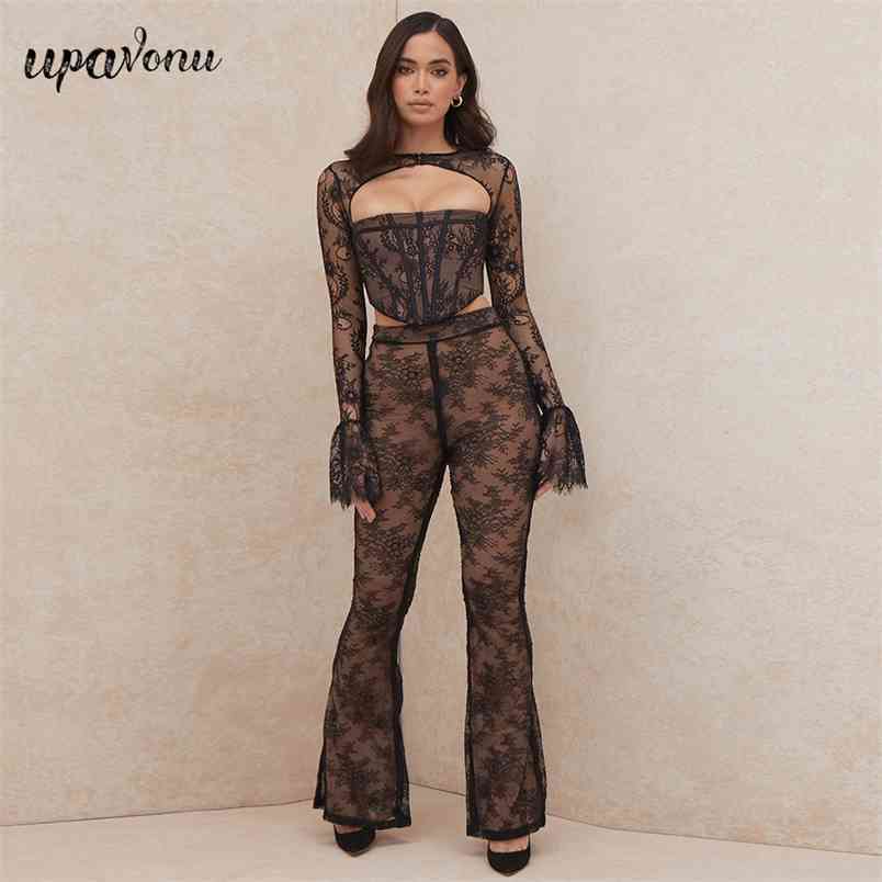 Free Women's Lace Patchwork Bandage Pants Set Sexy Hollow Backless Tights & Flared Party Two-piece 210524