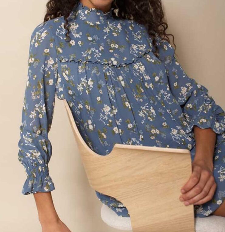 Women BOHO Blue Flower Print Shirt Dress Sexy Ladies Ruffles Collar Long Sleeve Loose Straight Mini Short Dresses 210429