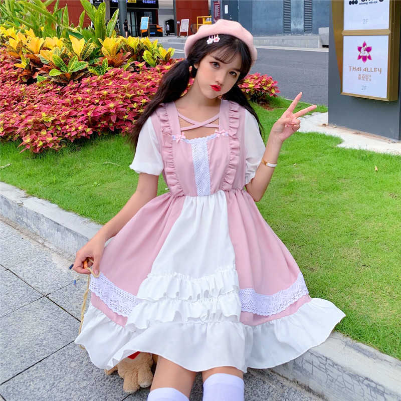 Merry Pretty Summer Women Lolita Dress Cross Neck Hollow Out Pink White Sweet Ruffles Cute Kawaii Bow Lace Girl's 210526, As the photo 
Merry Pretty Summer Women Lolita Dress Cross Neck Hollow Out Pink White Sweet Ruffles Cute Kawaii Bow Lace Girl's 210526, As the photo
