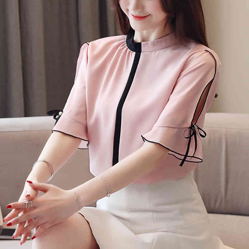 Summer Large Size Hit Color Loose Slim Chiffon Blouse Women Short-Sleeve Stand Collar All-match Ladies' Shirt 8956 50 210427