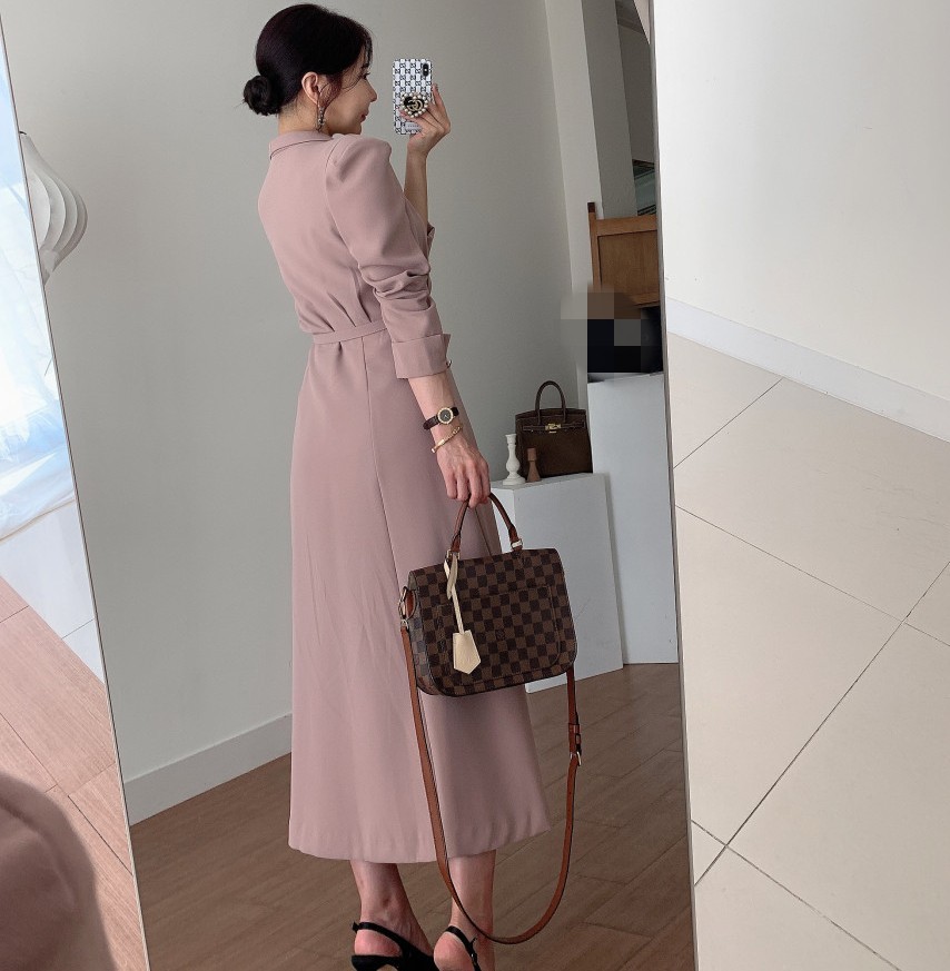 Elegant Double Breasted Lapel Women Party Dress Fashion Office OL Long Sleeve Belted Slim Waist Female Vestidos 210519
