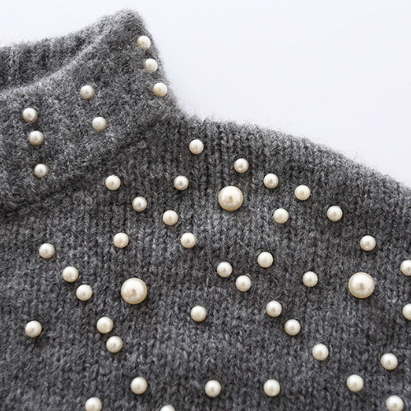 winter warm Pearls beads sweaters women's lantern sleeve knitted turtleneck Loose pullover female grey for women 210428