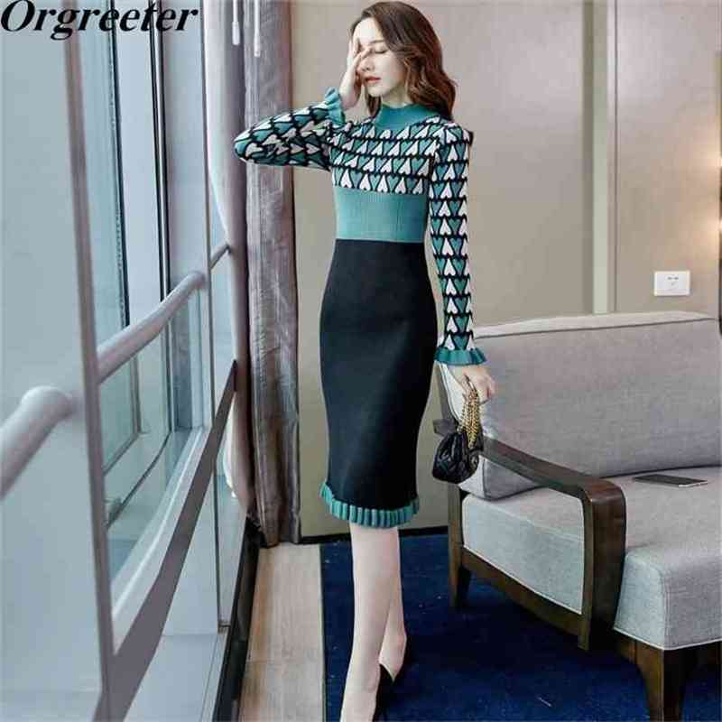 Fall Winter Knitted Dress Turtleneck Ruched Sleeve Love pattern Jacquard Hit color Ruffles Bodycon Sweater 210602, Green
Fall Winter Knitted Dress Turtleneck Ruched Sleeve Love pattern Jacquard Hit color Ruffles Bodycon Sweater 210602, Green