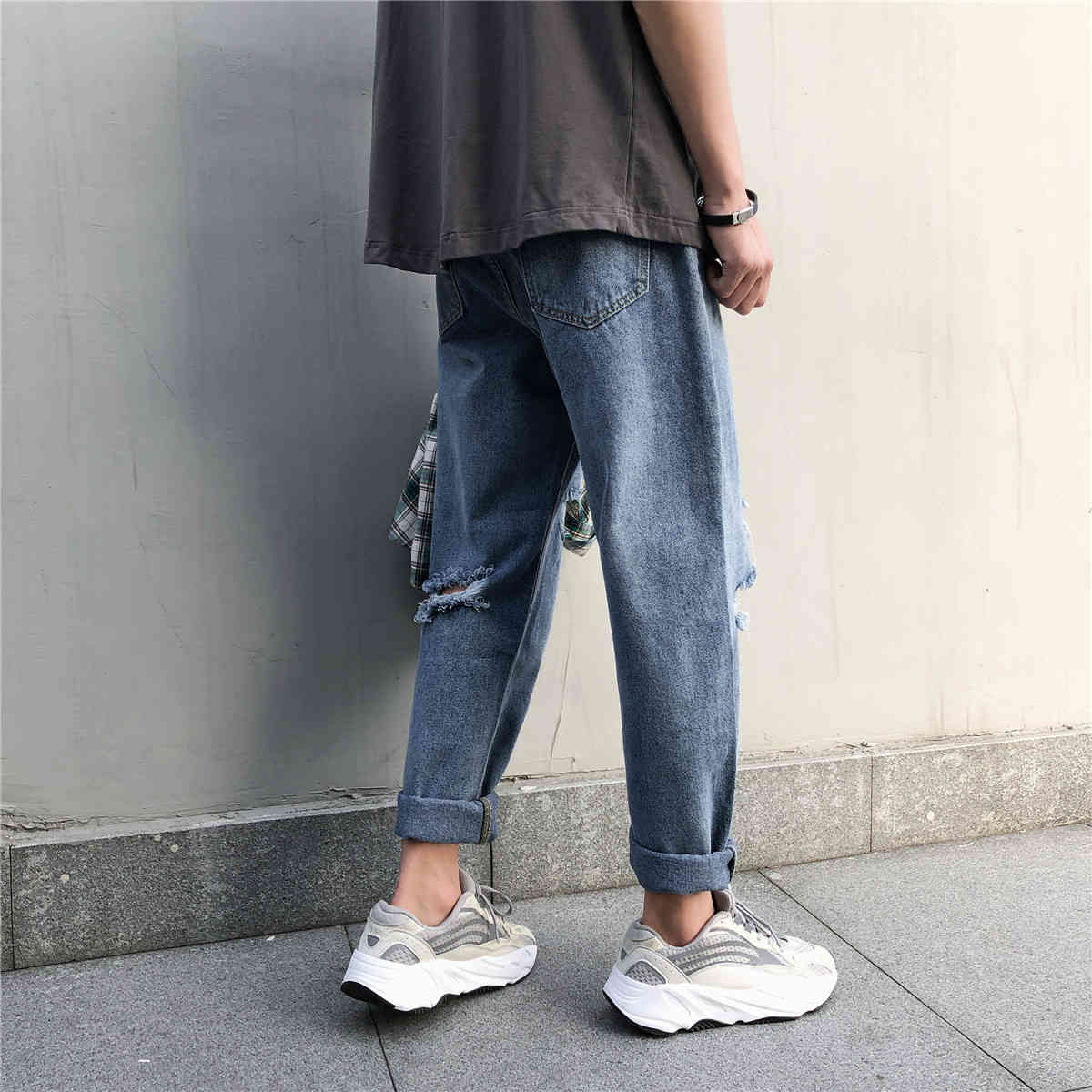 IEFB / men's wear korean trendy casual denim Pants spring hole blue Jeans Loose Directly ankel-length trousers 9Y1273 210524