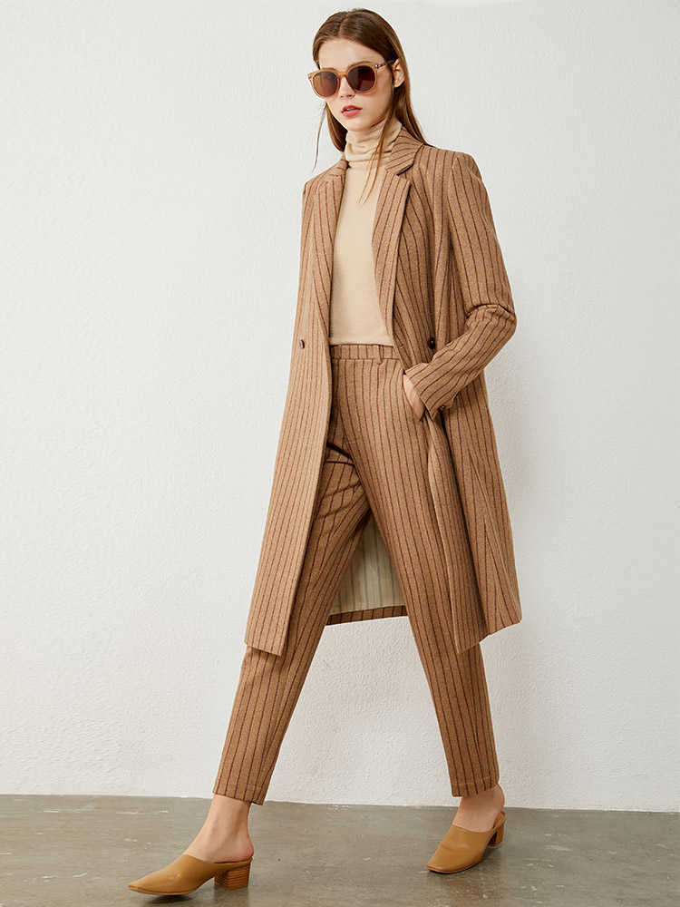 Minimalism Autumn Winter Woolen Women's Pants Fashion Stripe High Waist Straight Ankel-length Female Trousers 12070500 210527