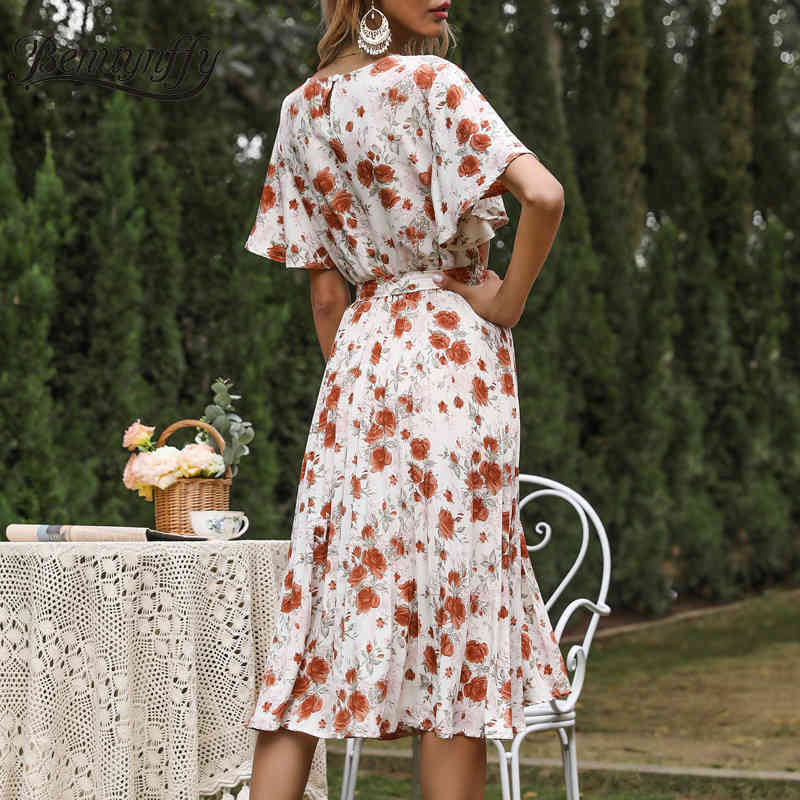 Crew Neck Floral Print Belted Midi Dresses Summer Fashion Casual Women Short Sleeve High Waist Pleated Dress 210510