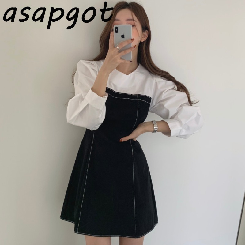 Autumn Vintage Plus Size Casual Dress Short Contrast Color O Neck Puff Sleeve Patchwork Vestido De Mujer Chic Korea Fashion 210429