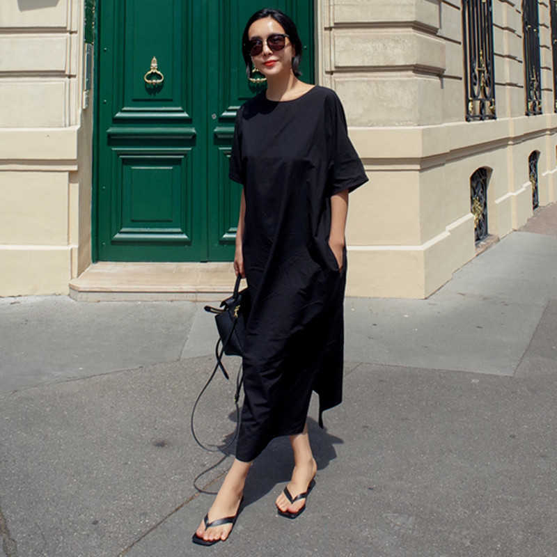 Loose and Plus-sized Batwing Sleeve Black Dresses Backless Bow BF Style Solid Casual Split Knee-Length Dress Women 210615