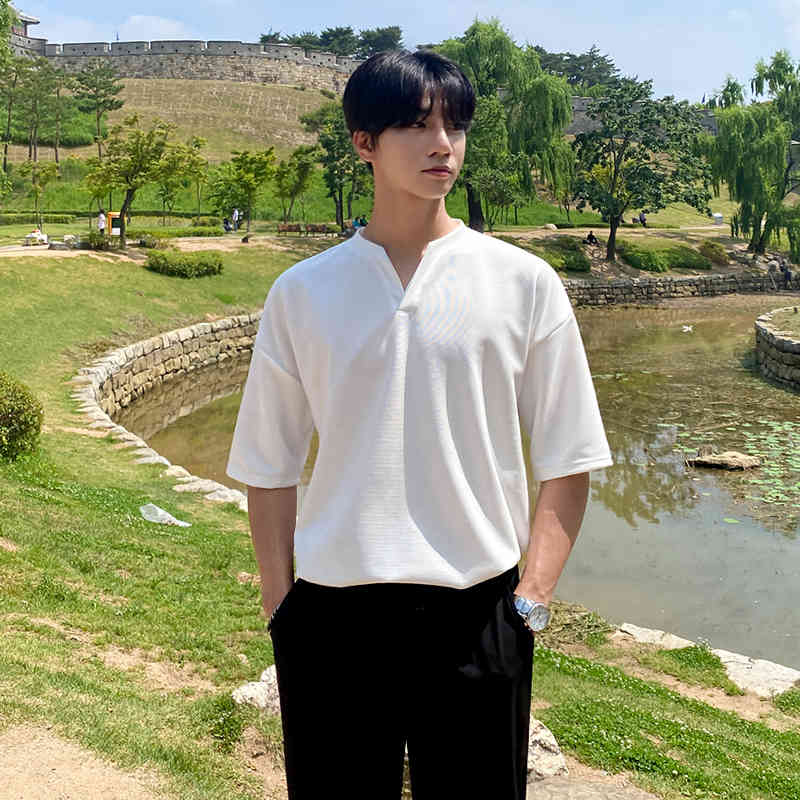 IEFB V-neck Short Sleeve T-shirt Men's Ice Silk Cotton Tee Korean Trend Fashion Summer Loose Tops For Male Casual Y7193 210524