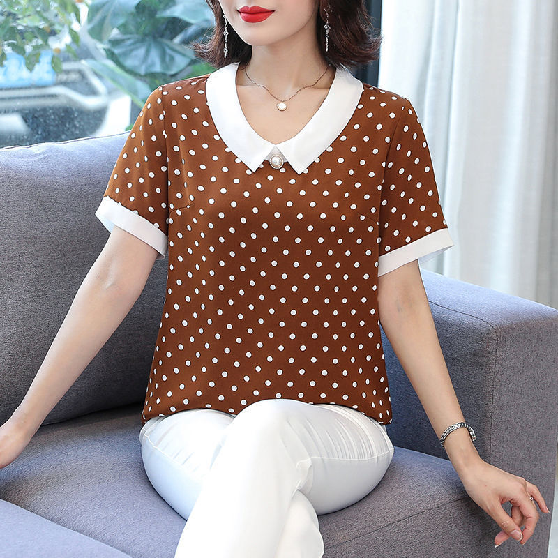 Women's Spring Summer Style Chiffon Blouses Shirts Women's Elegant Peter pan Collar Polka Dot Short Sleeve Casual Tops SP605 210317