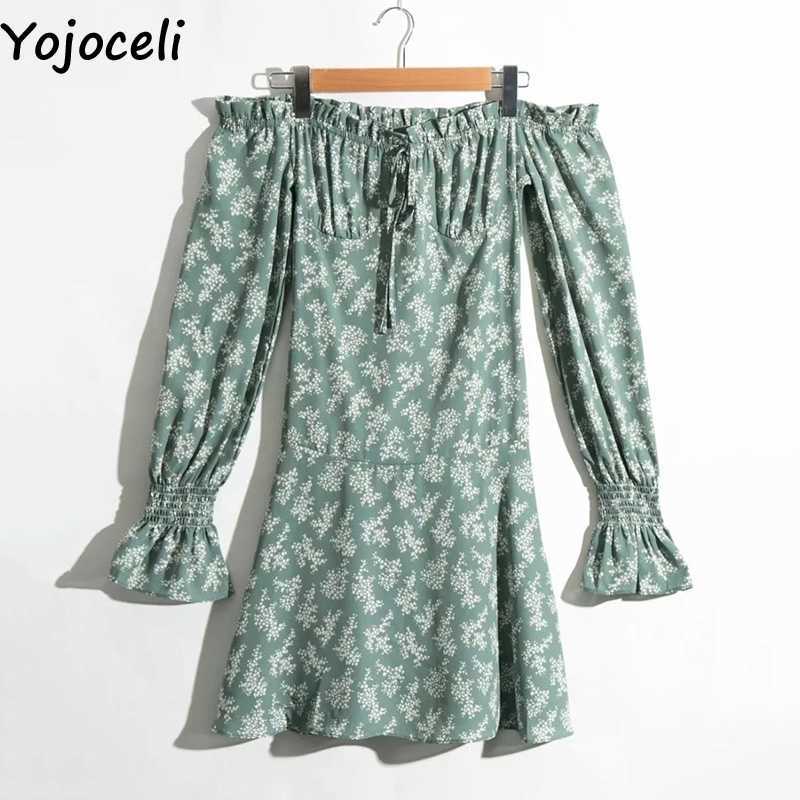 Yojoceli Sexy off shoulder elegant print dres Autumn ruffle short beach female Casual cool party vestidos 210609