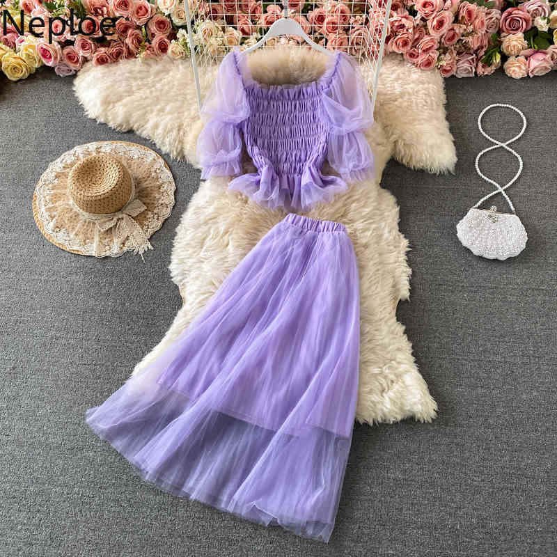 Neploe 2 Piece Set Women Gauze Patchwork Pleated Crop Tops Slim Big Swing Skirt Korean Sweet Suit Summer Femme Roupas 4i392 210422