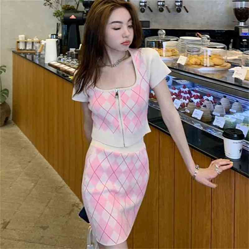 Summer Two-piece Set Women Plaid knit zipper Crop Top + Bodycon Mini Skirt Female Sweet Short Sleeve Outfit 210519