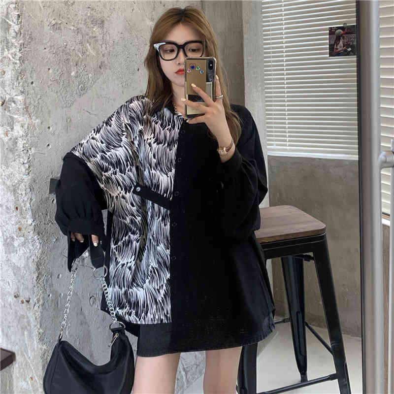 Personality Patchwork Blouse Womne's Spring Lapel Large Size Single Braested Long Sleeve Shirt Female 5B872 210427