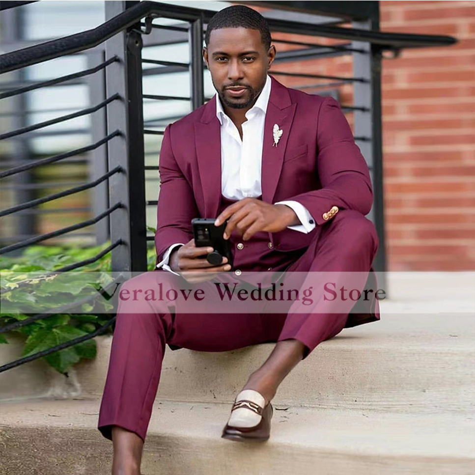 Veralove Red Bussiness Party Suit Peaked Lapel One Button Groom Tuxedos Wedding Suit for Men Set Custom Made(Jacket+Vest+Pants)