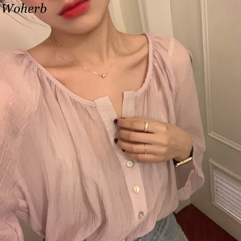Women Blouses Holiday Sunscreen Shirts Summer Lantern Sleeve Blusas Female Korean Folds See Through Elegant Tops 210519
