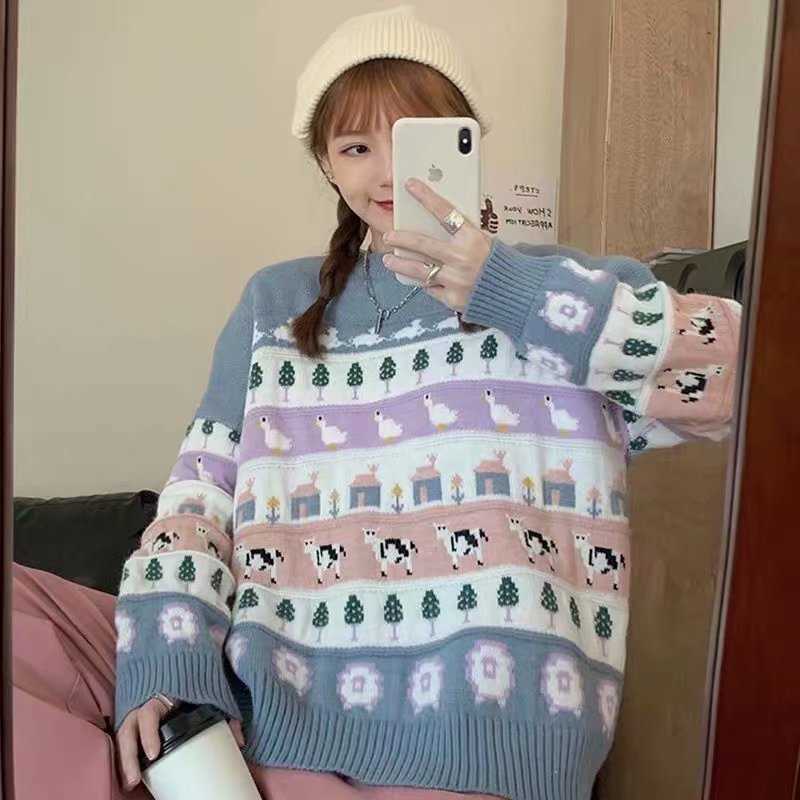 Cute Cartoon Animal Embroidery Women's Sweater Kawaii Loose Harajuku Clothing For Long Sleeve Sweet Style Knitted Pulloer 210812