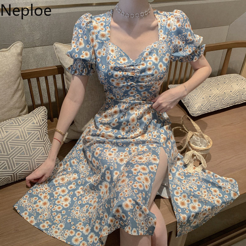 Neploe Korean Chic Vintage Daisy Dress Women Puff Short Sleeve Sundress Vestidos Korean High Waist Slim Fit A-line Split Dresses 210422