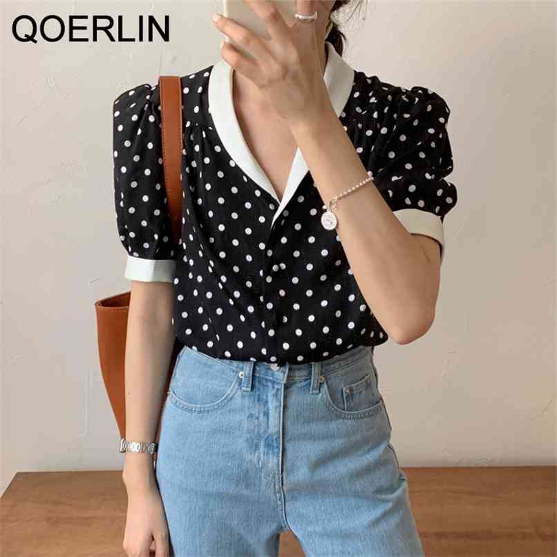 Polka Dot Chiffon Shirt Women Summer Fashion V-Neck Korean Elegant Slim Black Plus Size Top Blouse Ladies 210601