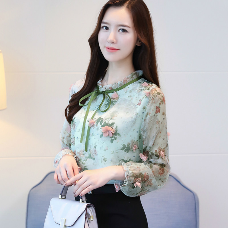 New Women Blouse Shirt Fashion Long Sleeve Sweet Print Women's Clothing Applique Ruffled Neck Feminine Tops Blusas D470 30 210323