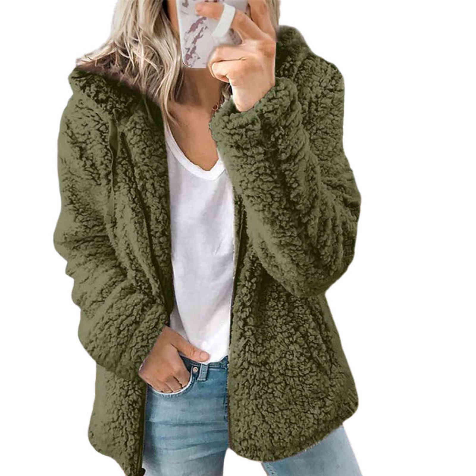 Women Autumn Winter Jacket Female Coat Causal Soft Hooded Fleece Plush Warm Plus Size Fur Fluffy Zipper top Sudadera 211123
