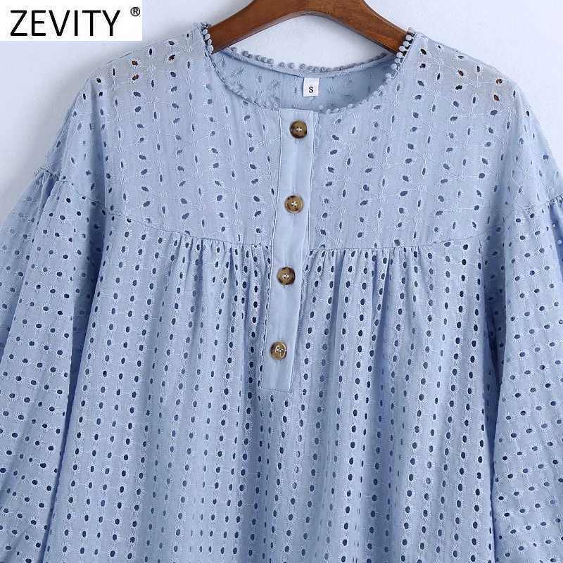 Zevity Women Vintage Hollow Out Embroidery Casual Smock Blouse Female Lantern Sleeve Button Up Shirt Roupas Chic Tops LS9355 210603