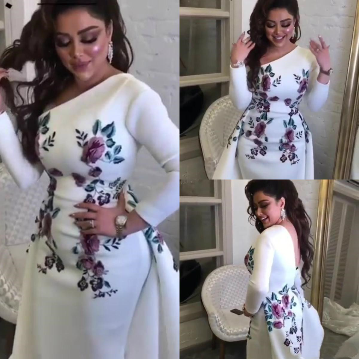 Long Sleeve Arabic Dubai Mermaid Evening Dresses 2022 Floral Embroidery Appliques Plus Size Prom Formal Dress with Overskirt