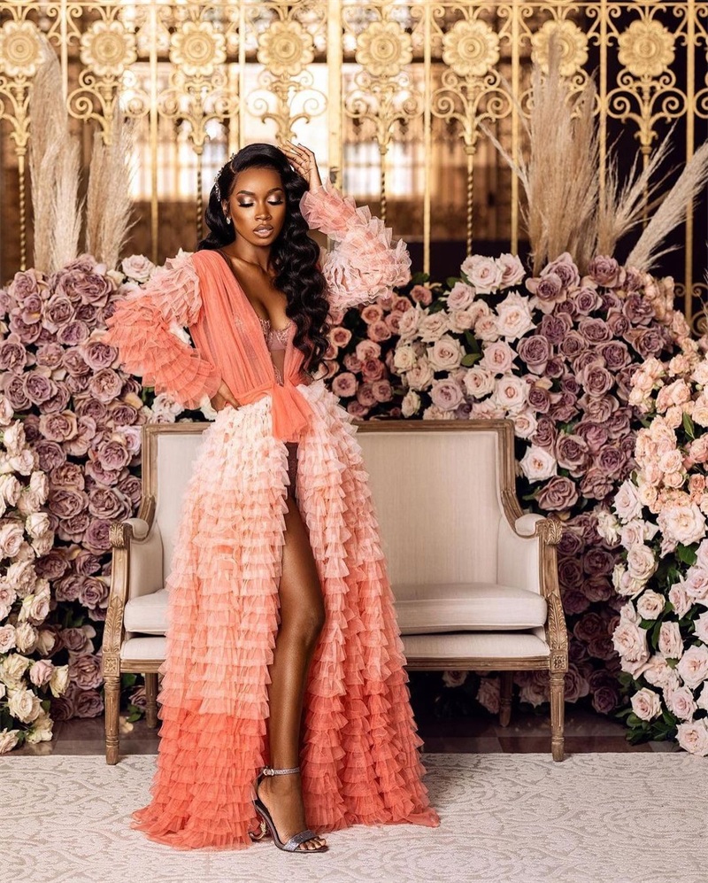 Designer Pink Evening Dresses Tiered Pleats Tulle Summer V Neck Long Sleeves Custom Made Prom Gown Formal Party Occasion Wear Sleepwear Robes