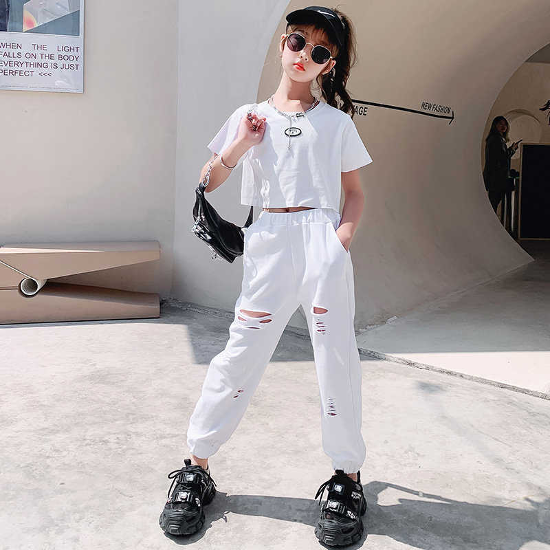 Teen Girls Summer Fashion Outfits Cotton Short Sleeve Tshirt + Ripped Hole Pants Casual Style Streetwear Children Clothing Set P0831, Black
Teen Girls Summer Fashion Outfits Cotton Short Sleeve Tshirt + Ripped Hole Pants Casual Style Streetwear Children Clothing Set P0831, Black