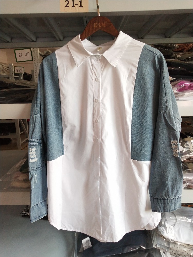 Patchwork Denim Long Sleeve Women Blouses Turn-down Collar Korean Fashion Top Spring Loose Female Shirt FM1750 210427