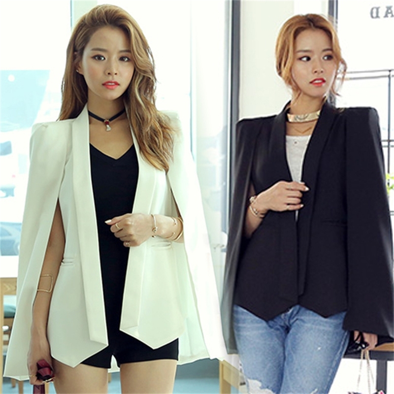 OL suit jacket Fashion Cloak Cape Blazer Women white Lapel Split Long Sleeve Jacket Coat Female Casual Blazers 210519