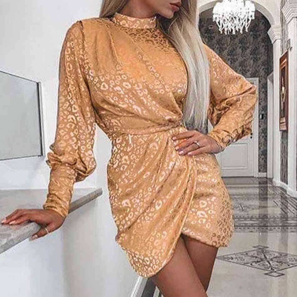 Free Women Leopard Print Dress Sexy Stand Collar Lantern Long Sleeve Draped Bodycon Irregular Club Party 210524