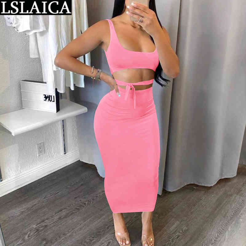 Summer Two Piece Set Women Solid Color Sling Tops and Long Skirt Sleeveless Lace Up Casual Backless 2 210515