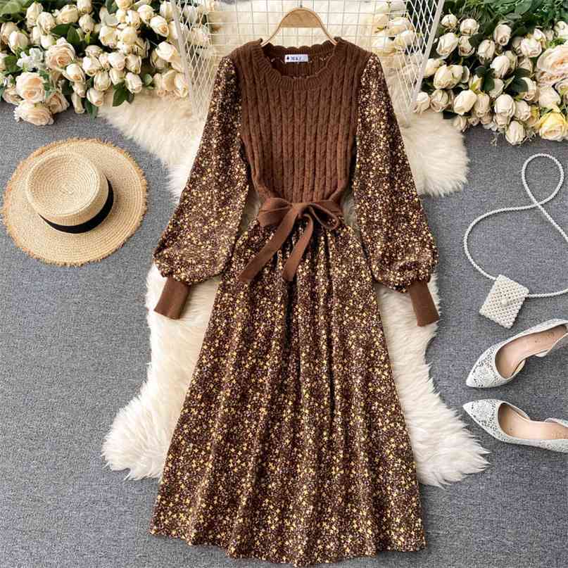 Floral print patchwork knitted dress women's autumn fashion o neck puff sleeve vintage midi sashes a line casual es 210603, Green
Floral print patchwork knitted dress women's autumn fashion o neck puff sleeve vintage midi sashes a line casual es 210603, Green
