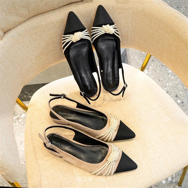 Pearl Pointed Single Shoes Women's Flat Bottom Celebrity Fashion Fairy Back Sandals In Spring 2021, Black