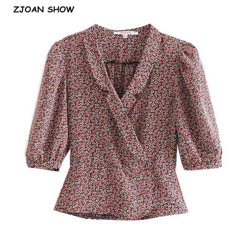 France Retro Lapel Puff Sleeve Floral Print Shirt Women Slim Waist Short Crop Blouse Girl's Tops 210429