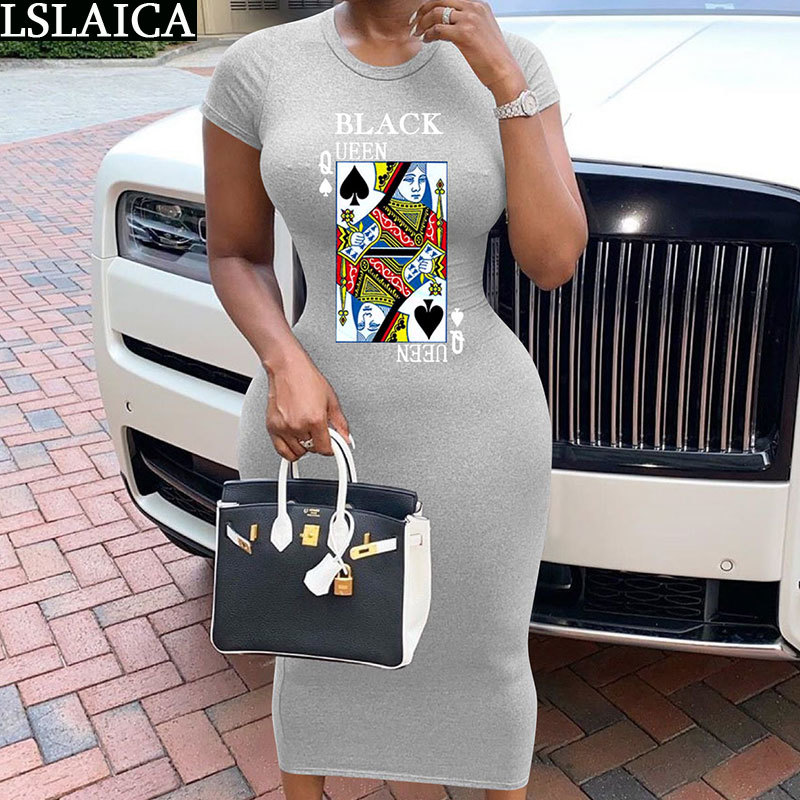 Summer Dress Fashion Poker Print Short Sleeve o Neck Women Maxi Casual Plus Size Slim Streetwear Sundress Roupas Femininas 210515